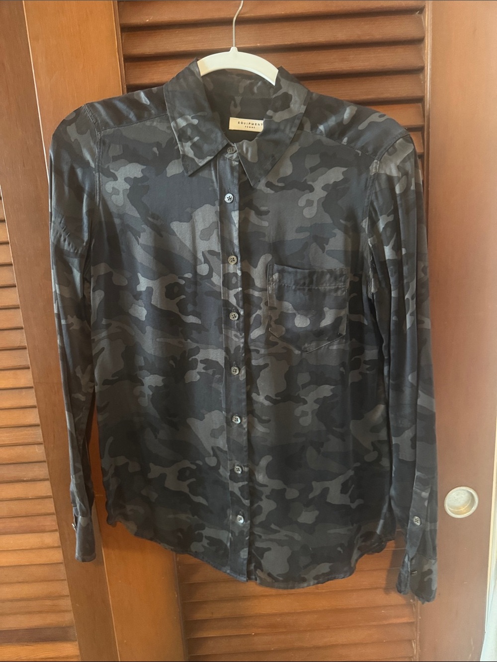 Equipment Black Gray Camo Silk Button-Up Blouse
